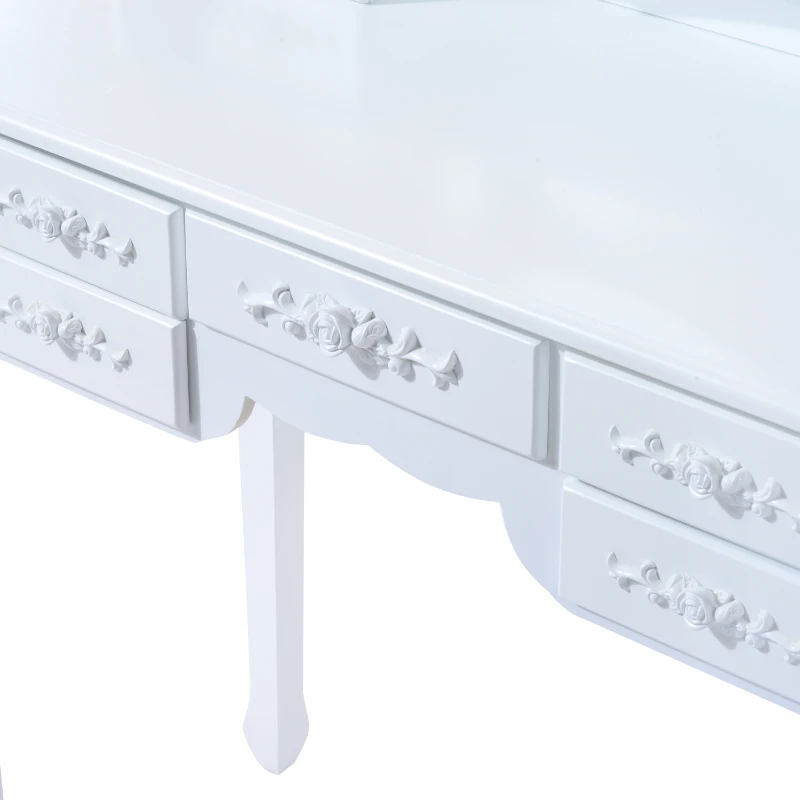 HOMCOM Shabby Chic Dressing Table Jewelry Cosmetic Vanity Set Makeup Dresser 7 Drawers 2 Dividers White w/ 3 Mirrors & Stool