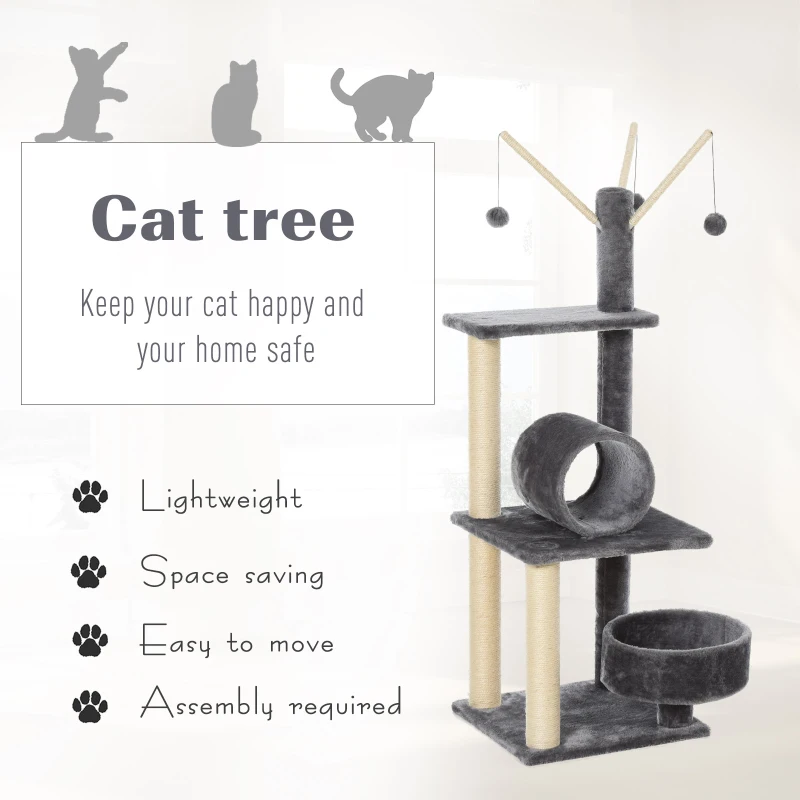 PawHut Cat Tree for Indoor Cats 121cm Kitten Tower Sisal Scratching Post Pet Activity Center Perch Condo Hanging Ball Grey