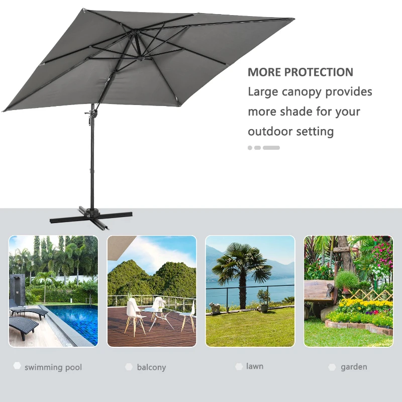 Outsunny 2.7 x 2.7 m Cantilever Parasol, Square Overhanging Umbrella with Cross Base, Crank Handle, Tilt, 360° Rotation and Aluminium Frame, Dark Grey