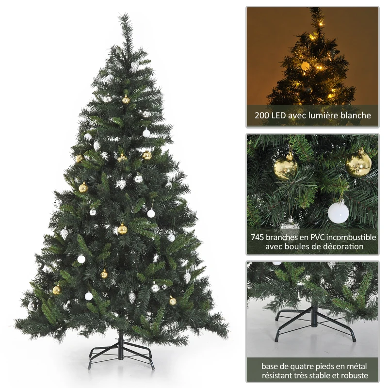 HOMCOM 1.5m 5FT Pre-Lit Artificial Christmas Tree 120 LED Xmas Tree Holiday Décor with Decorative Balls Ornament Metal Stand