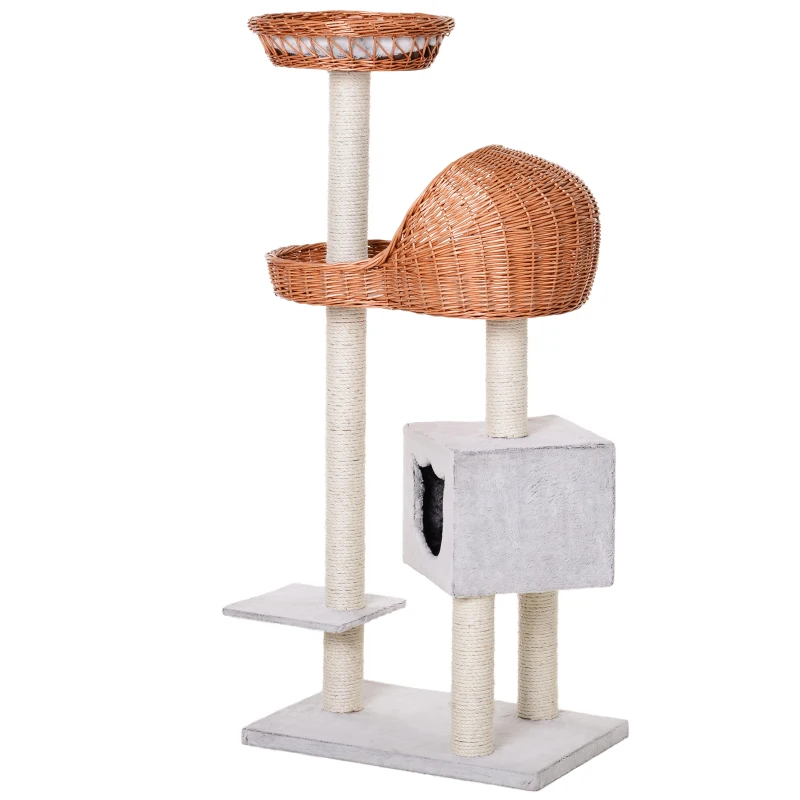 Pawhut 1.3m Cat Tree for Indoor Cats Condo Tower Scratching Post Climber Hooded Rattan Wicker cat cave