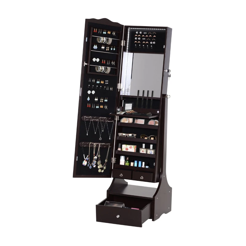 HOMCOM Freestanding Storage Mirror Full Length Jewellery Make Up Perfume Organisation w/ Bottom Drawer Lock LED Lights 150x45cm Brown