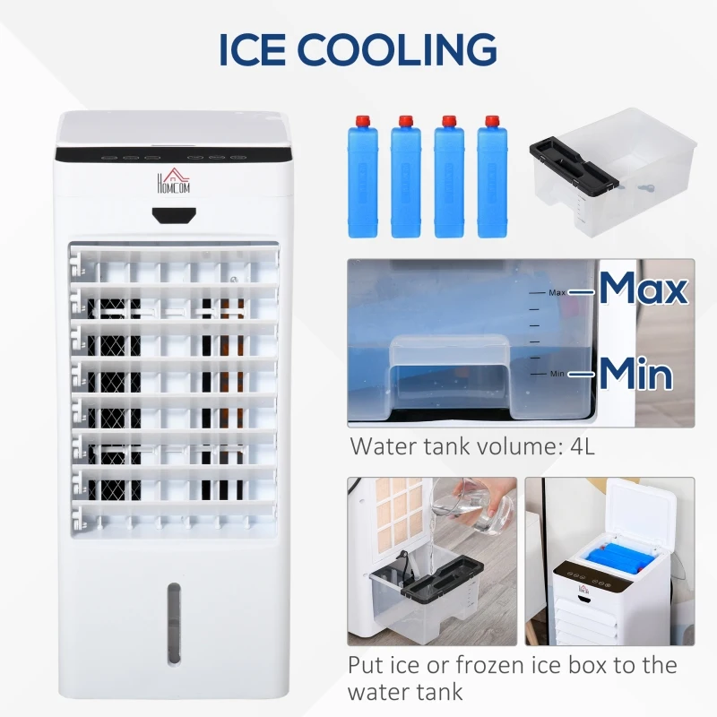 HOMCOM 4L Portable Air Cooler, Mobile Evaporative Cooler Humidifier with 3 Modes, 3 Fan Speed, Remote Controller, 7.5 Hour Timer, Swing and Ice Cooling Function for Bedroom, Dorm, Office