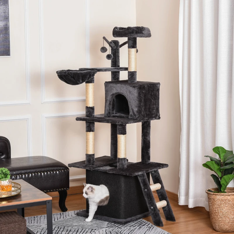 PawHut Cat Tree Tower for Indoor Cats 150cm Climbing Kitten Activity Center with Sisal Scratching Post Perch Hanging Ball Toy Hammock Ladder Double Condo Dark Grey
