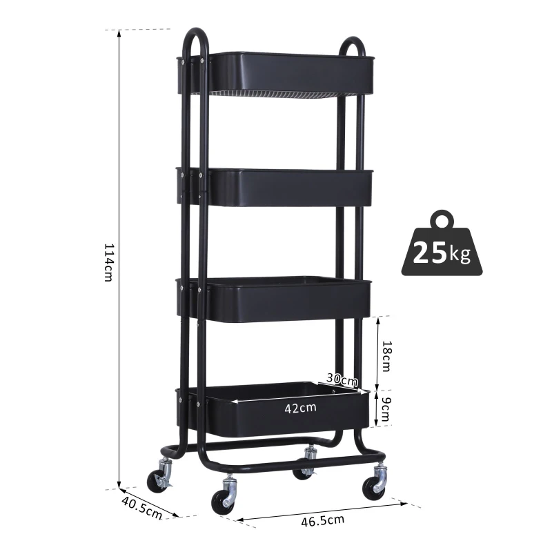 HOMCOM Metal 4-Tier Mobile Storage Serving Trolly Rolling Utility Cart Organiser Kitchen Mesh Bottom Black