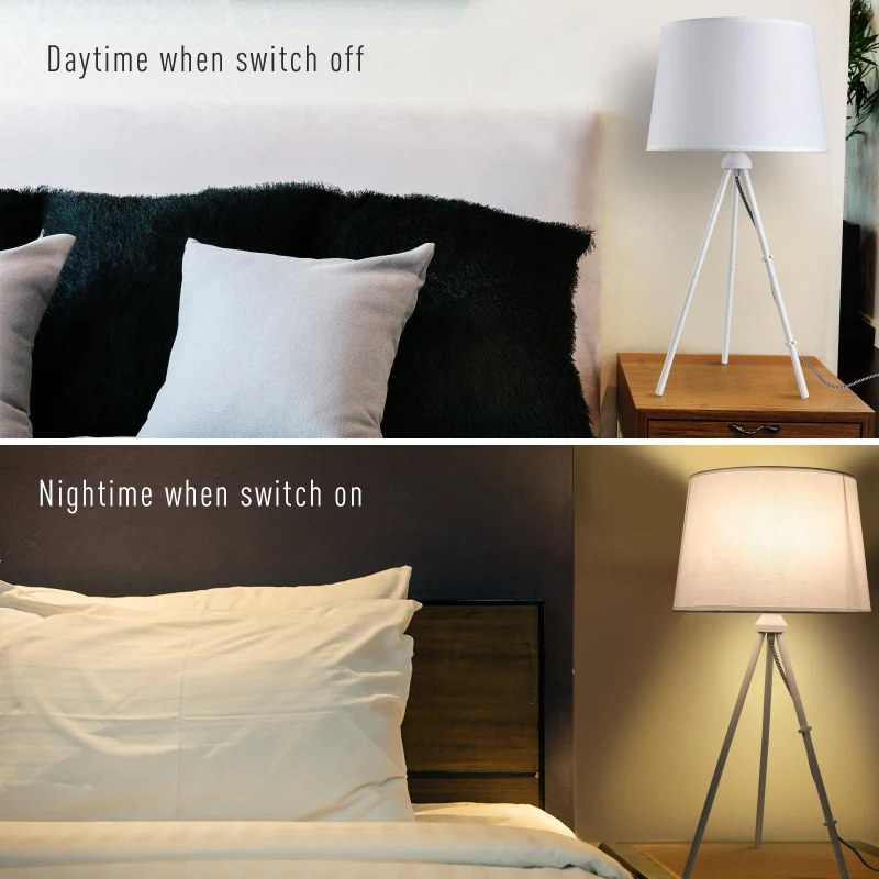 HOMCOM 40W Tripod Table Lamp Metal Base Fabric Shade Warm Light Bedroom Living Room Home w/ Switch Anti Slip Feet White