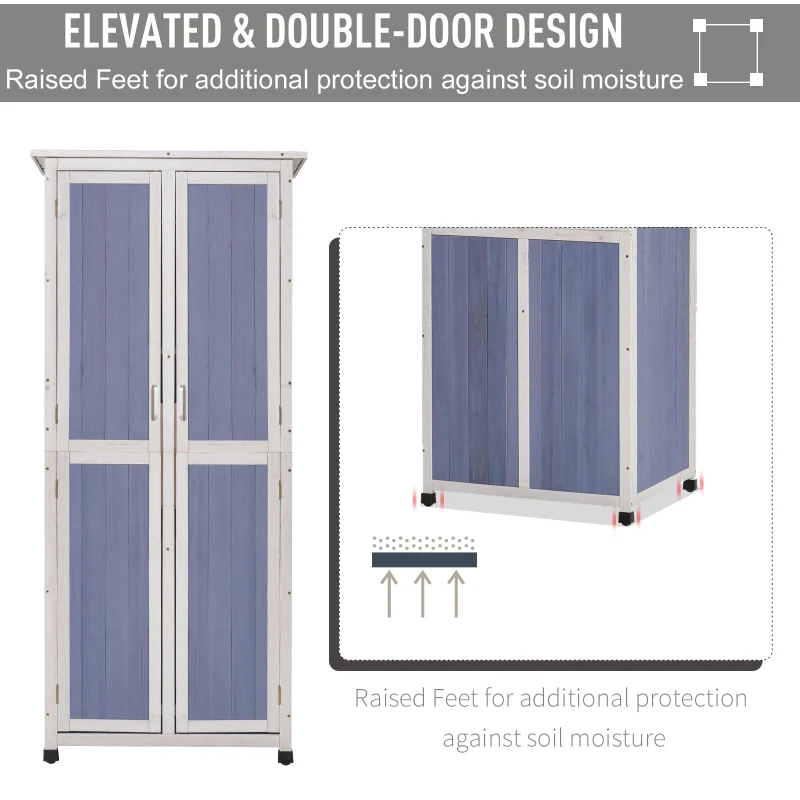 Outsunny Outdoor Garden Shed Wooden Garden Cabinet 3-Tier Double-door Storage Shed 2 Shelves Organizer with Handle Hooks Magnetic Latch Foot Pad 77 x 58 x 175cm Blue