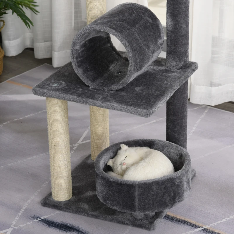 PawHut Cat Tree for Indoor Cats 121cm Kitten Tower Sisal Scratching Post Pet Activity Center Perch Condo Hanging Ball Grey