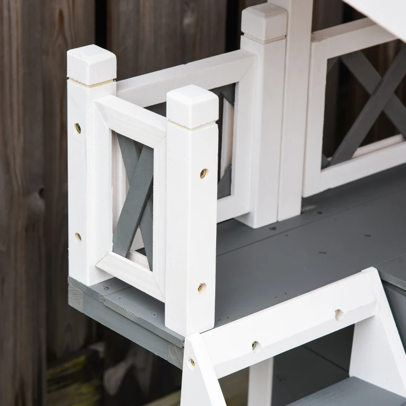 PawHut Wooden Cat House Outdoor Luxury Room Weatherproof Shelter with Balcony and Stair Puppy Garden Large Kennel White