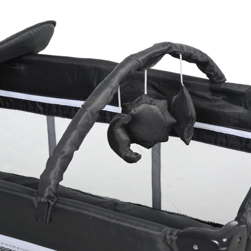 HOMCOM Portable Baby Infant Travel Cot Bassinet and Changing Top Metal Frame Mesh Panel Storage Pocket Locking Wheels 0-3 Yrs Grey