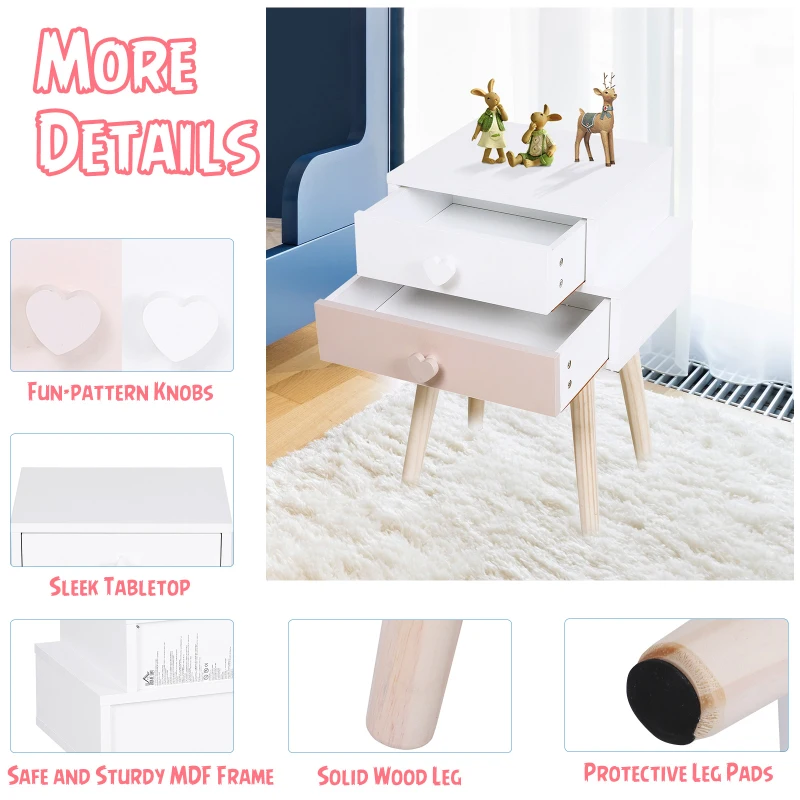 HOMCOM Children Bedside Table Set of 2 w/ Two Drawers Bedroom Kids Storage Cabinet Chest Pink & White 42 x 30 x 57 cm