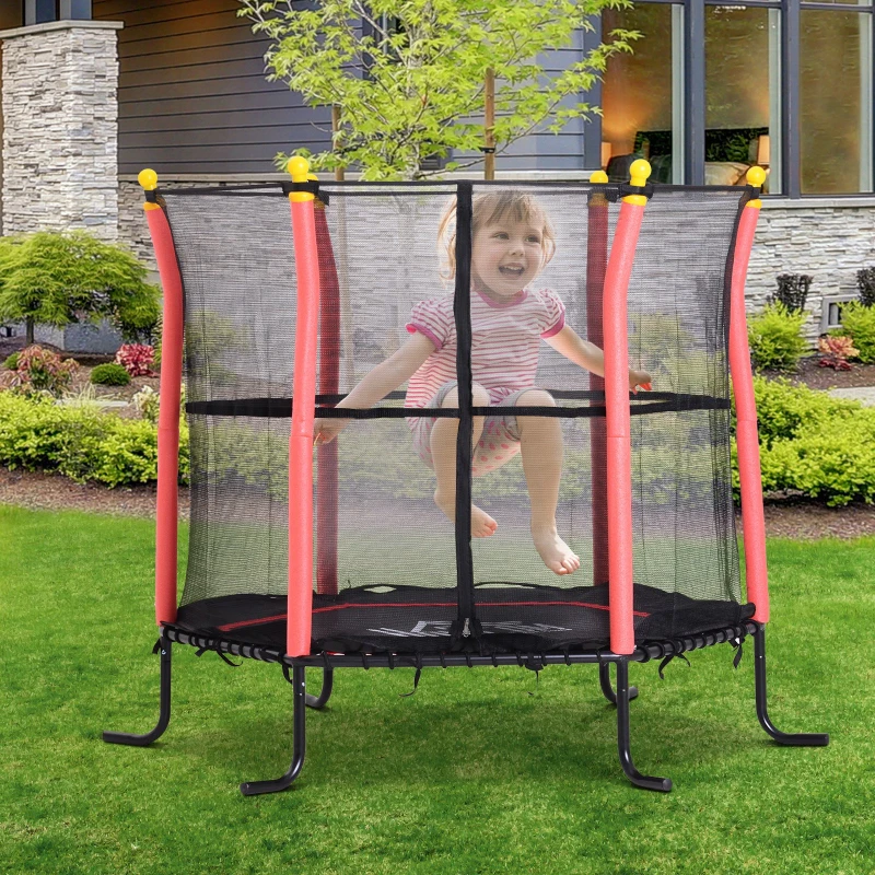 HOMCOM 5FT / 61 Inch Kids Mini Trampoline Bungee Design with Safety Enclosure Net Exercise Rebounder Six Legs Capacity to 60kg Red