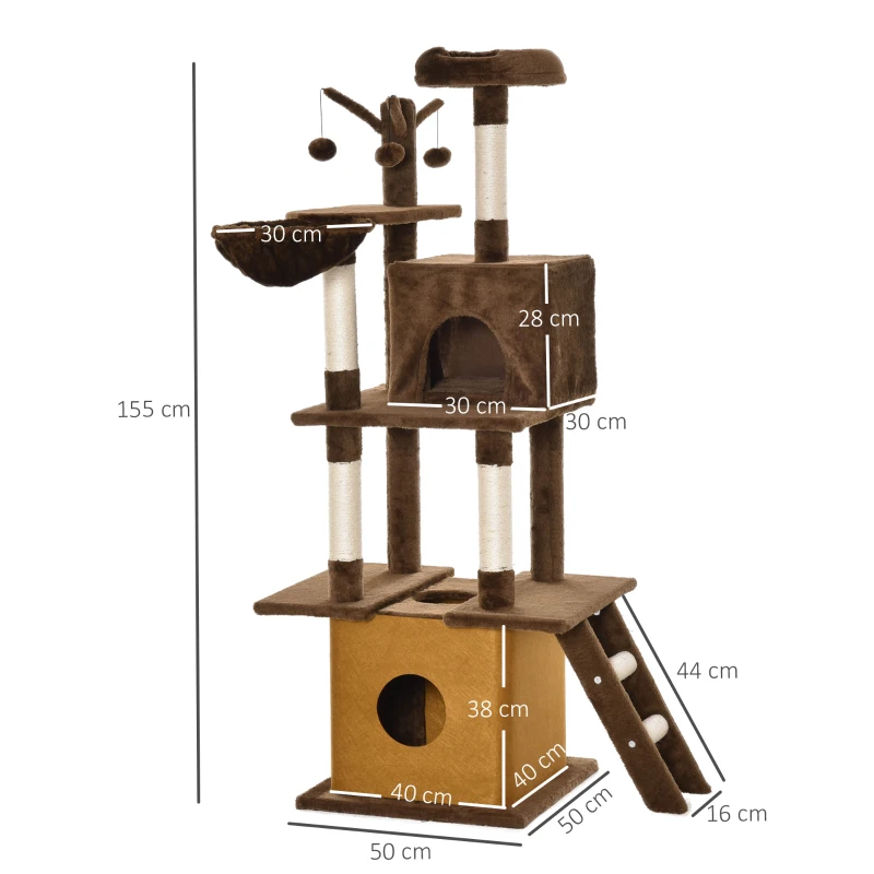 PawHut Cat Tree Tower for Indoor Cats 150cm Climbing Kitten Activity Center with Sisal Scratching Post Perch Hanging Ball Toy Hammock Ladder Double Condo Dark Brown