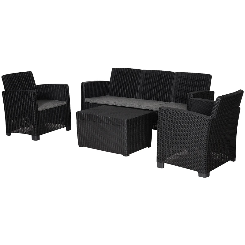 Outsunny Garden PP Rattan Style Sofa Table Set 5 Seater Outdoor Patio 2 Single Chairs & 1 Bench Conservatory Furniture Cushioned - Black