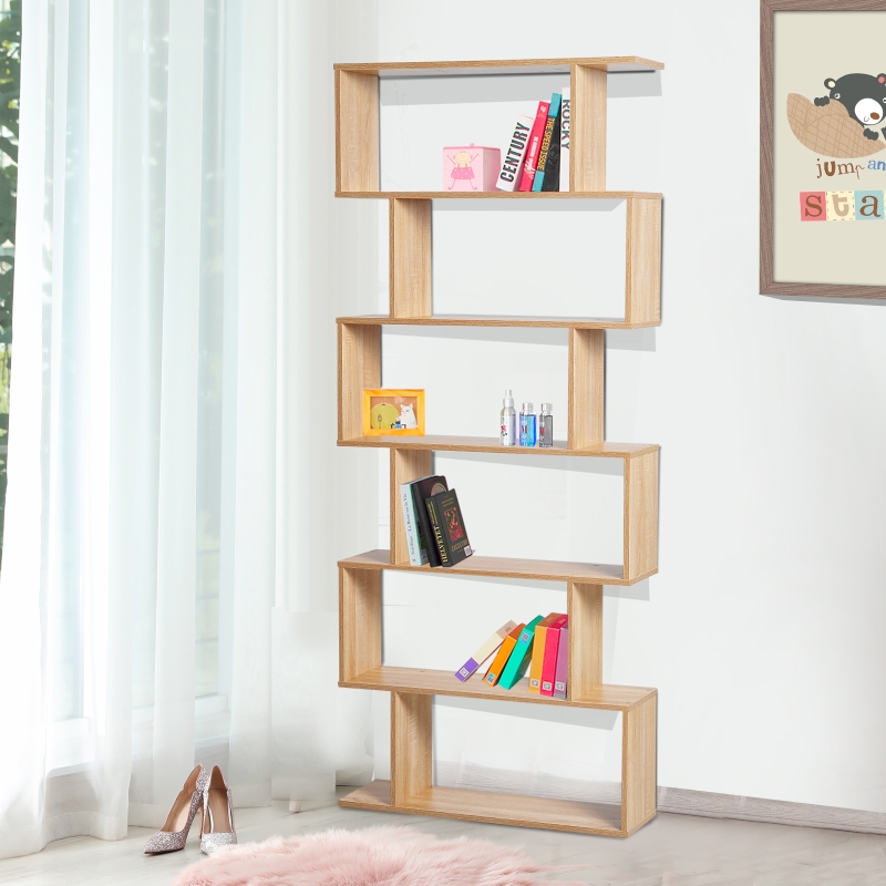 HOMCOM 6-Tier S-Shaped Shelf Unit, 80Lx23Wx192H cm-Oak Colour