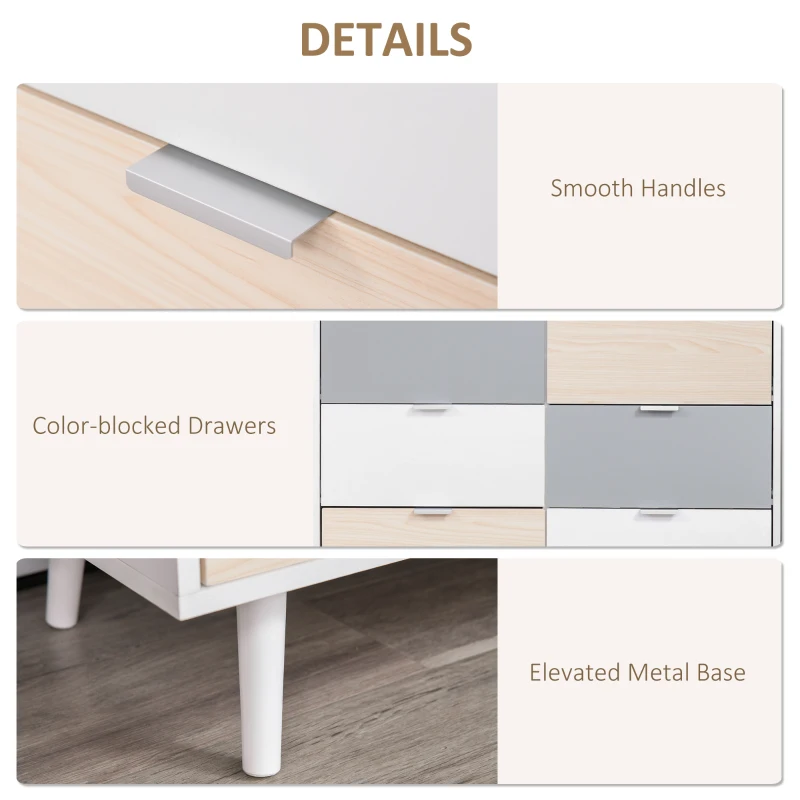 HOMCOM Chest Of Drawers Storage Cabinet Sideboard Dresser w/ 6 Drawers, Wood Legs Metal Handle Bedroom Hallway Living Room Furniture