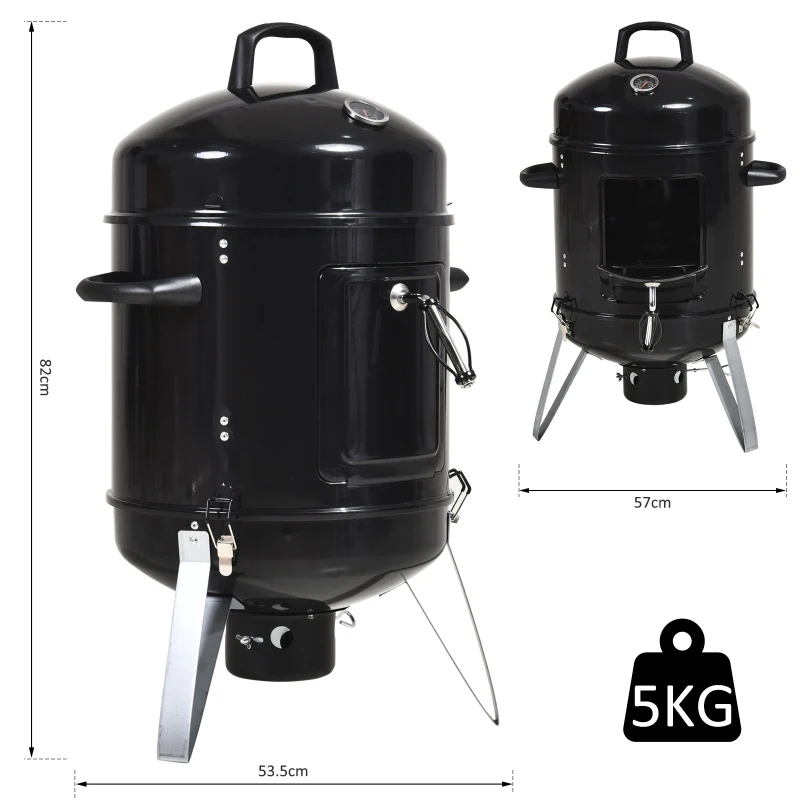 Outsunny Charcoal Smoker Grill 3 in 1 Design Round BBQ Roaster Barbecue with Built-in Thermostat, Water Pan and Hooks Camping Garden Patio Outdoor- Black
