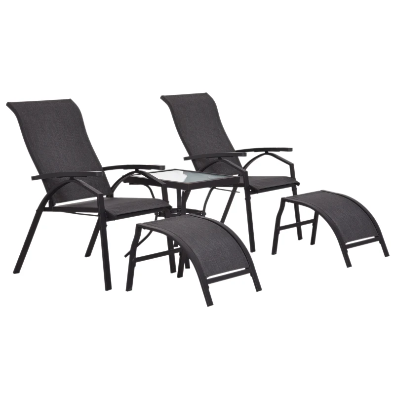 Outsunny 5 PCs Garden Patio Outdoor Sun Lounger Set 2 Chairs with Footrest and Coffee Table Adjustable Recliner Balcony Terrace Reclining Black