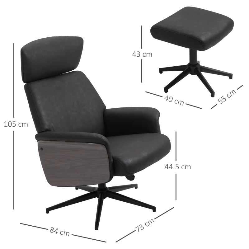 HOMCOM  Fabric Swivel Recliner Chair with footstool Metal Base Wood Armrest Black