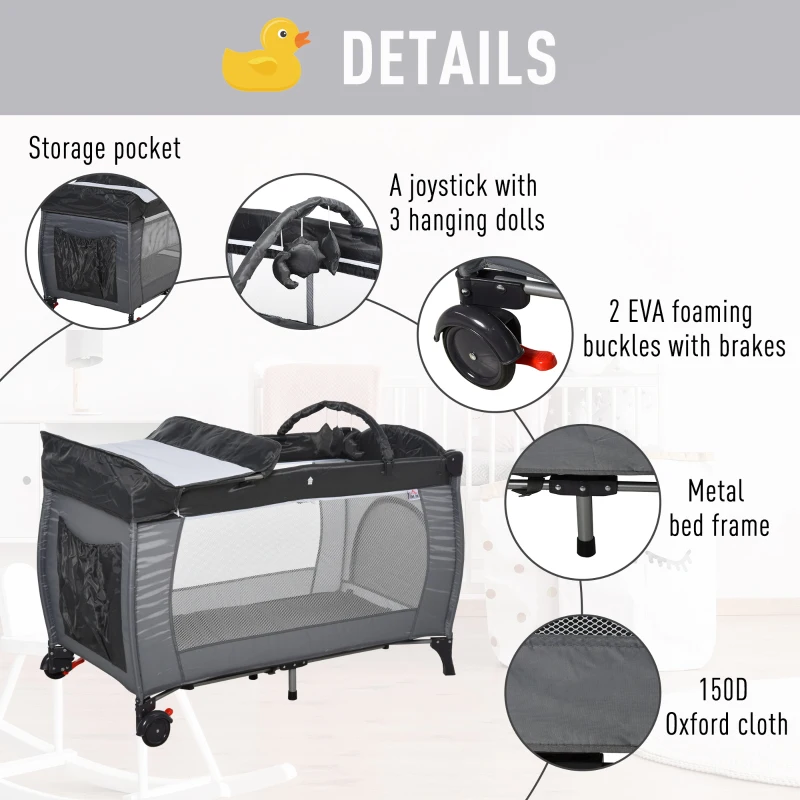 HOMCOM Portable Baby Infant Travel Cot Bassinet and Changing Top Metal Frame Mesh Panel Storage Pocket Locking Wheels 0-3 Yrs Grey
