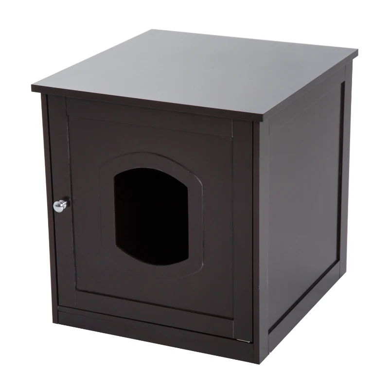 PawHut 2 in 1 Litter Box Enclosure Toilet Wooden Cat House Litter Tray Cover Pet Bed Home Furniture for Living Room Bedroom 51 x 48 x 51 cm (Dark Brown)