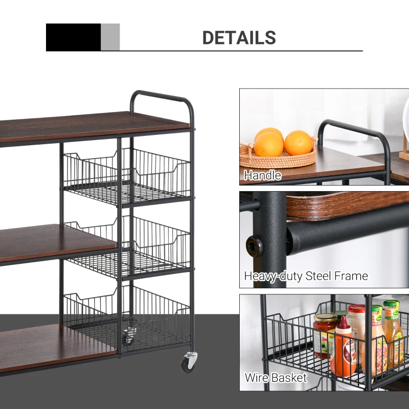 HOMCOM kichen Cart Storage Trolley Dining Serving Cart w/ Shelves Baskets Handles Wheels Home Living Room Kitchen Brown Black