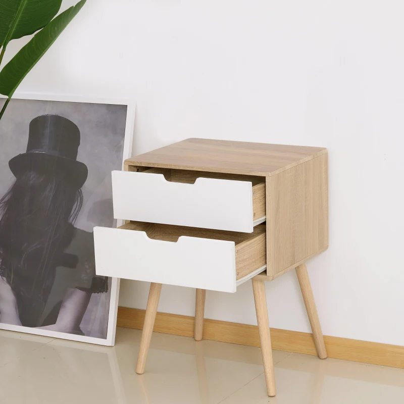 HOMCOM Freestanding Bedside Table with 2 Drawers, Wood Legs, Bedroom Nightstand, Cabinet Storage Organiser Unit, Oak