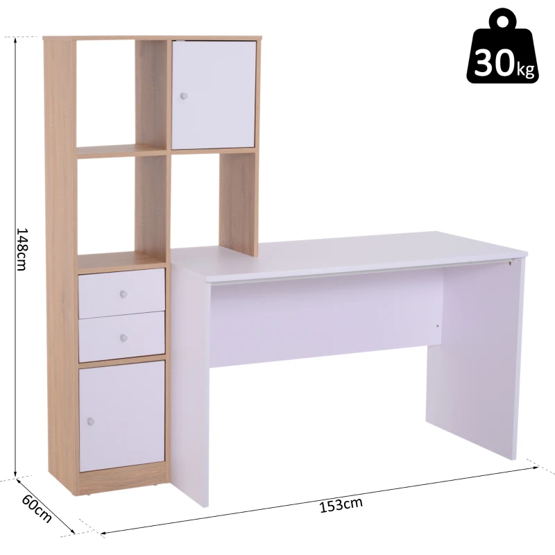 HOMCOM Computer Desk Combo Unit W/2 Drawers and 5 Cubes, 153Lx60Wx148H cm-Oak/White Colour