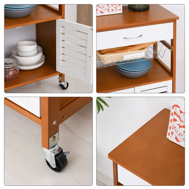 HOMCOM Pine Wood Rolling Kitchen Storage Island White/Brown