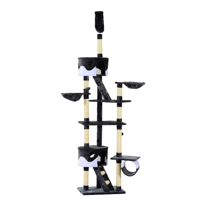 Pawhut 60L x 45W x 240-260H cm Cat Tree Kitten Condo Fun House Adjustable – Grey & White