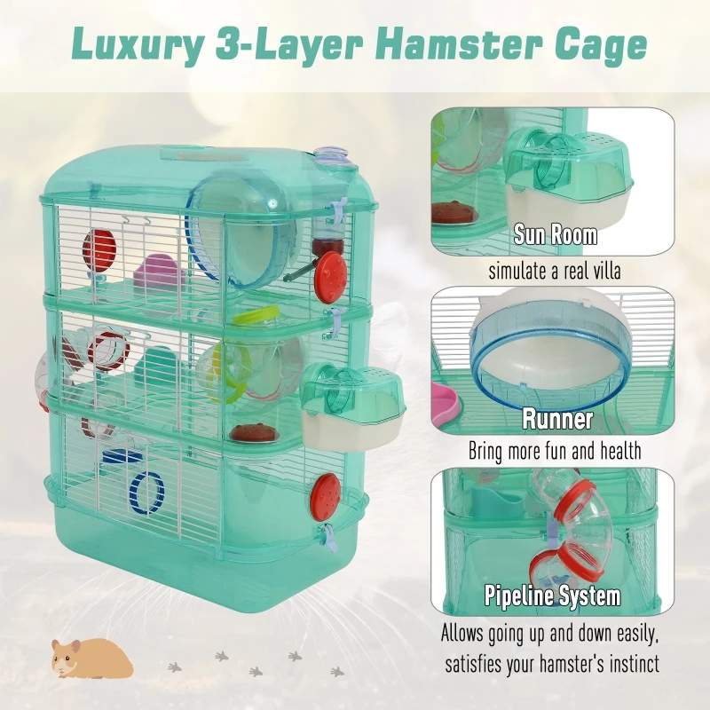PawHut 3 Storey Hamster Cage Small Pet Animal Cage w/ Exercise Wheel Food Water Bowl Multi Activity Exercise Centre Green