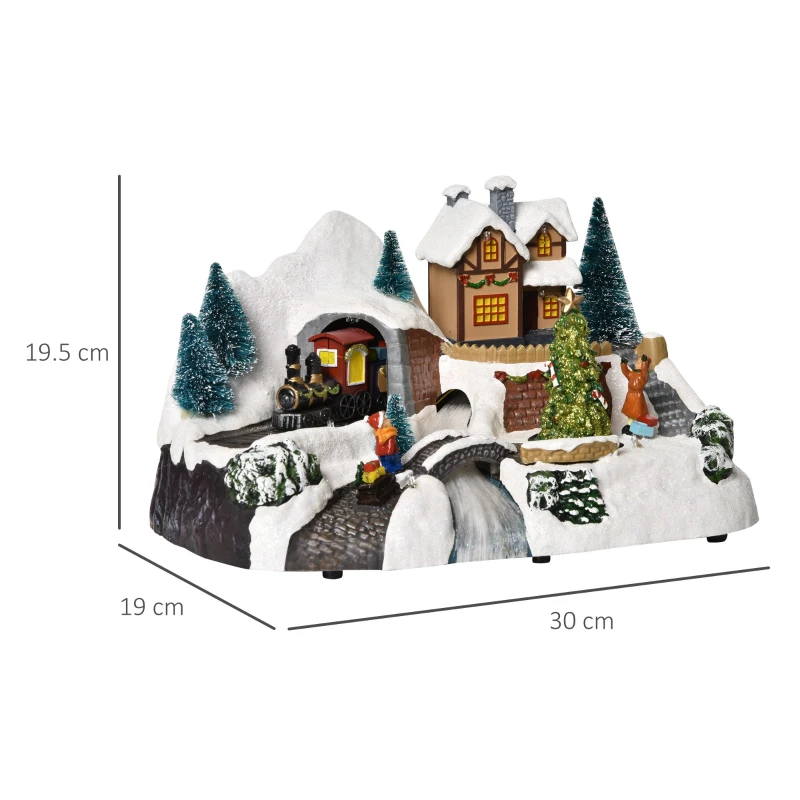 HOMCOM Prelit Christmas Musical Villages with Rotating Tree Animated Xmas Village with Sound Fibre Optic Transformer or Battery-Operated Festival Decoration for Tabletop