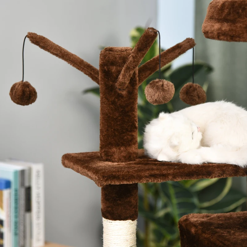 PawHut 155cm Plush Cat Tree for Indoor Cats Activity Center Sisal Scratching Post Basket Hammock Perch Condo Brown