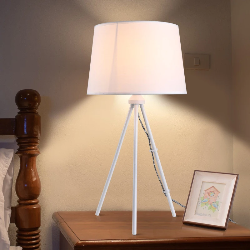 HOMCOM 40W Tripod Table Lamp Metal Base Fabric Shade Warm Light Bedroom Living Room Home w/ Switch Anti Slip Feet White