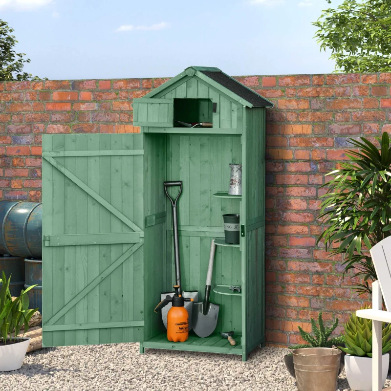 Outsunny Small Shed, Tall Slim Wooden Garden Shed with 3 Removable Shelves and Roof Hatch, Compact Outdoor Tool Storage Cabinet with Asphalt Roof and Door Latch, 77 x 54.2 x 179 cm, Green