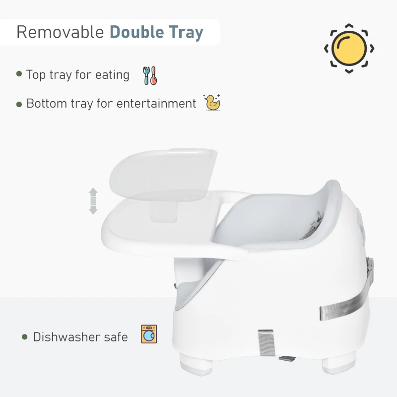 HOMCOM Baby Booster Seat for Dining Portable Toddler Feeding Chair  w/ 3 Point Harness Strap Height Adjustable Removable Cushion Detachable Tray Non-Slip Feet Grey