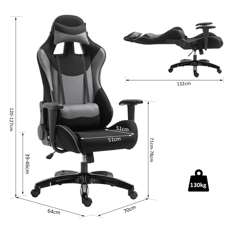 Vinsetto Racing Gaming Chair Reclining Rocker Office Swivel Adjustable Height Seat w/ Headrest, Lumbar Pillow Grey