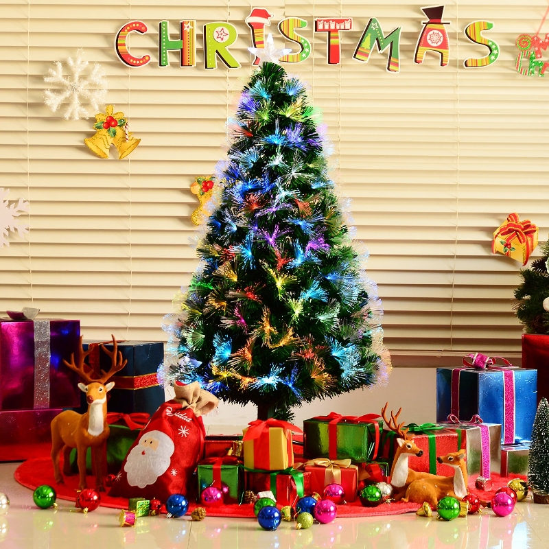 HOMCOM 6ft Tall Artificial Tree Fiber Optic Colorful LED Pre-Lit Holiday Home Christmas Decoration with Flash Mode - Green