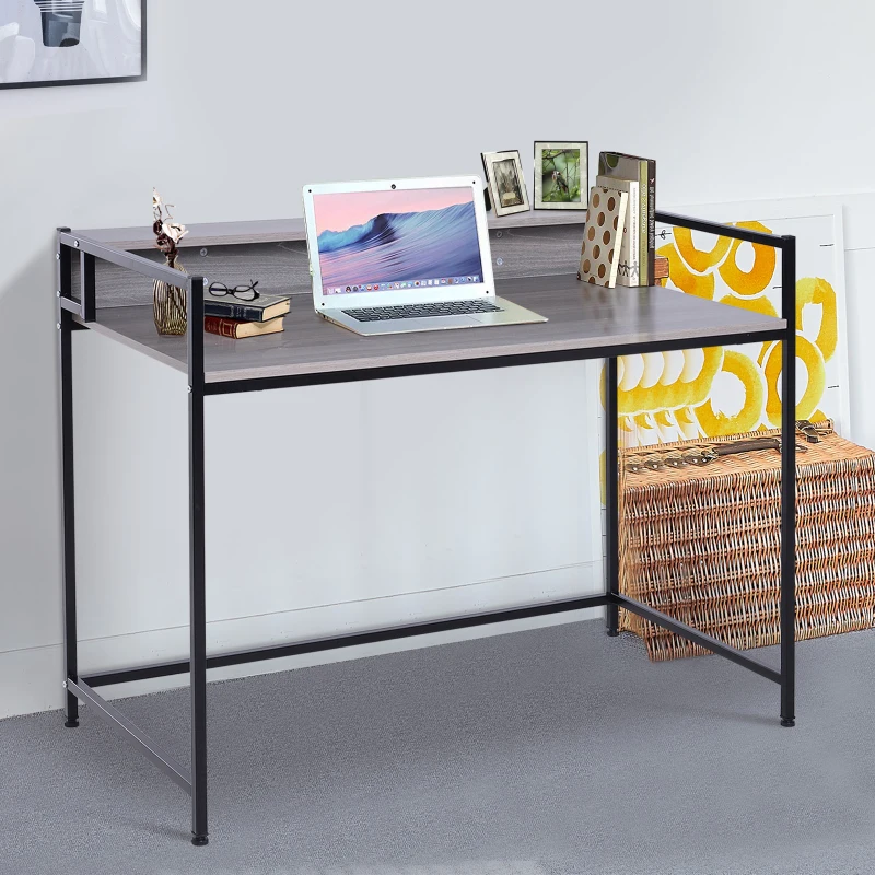 HOMCOM Computer Writing Desk Wood Top Metal Frame PC Laptop Study Table W/ Rasied Shelf Rack Workstation Home Office Grey Oak