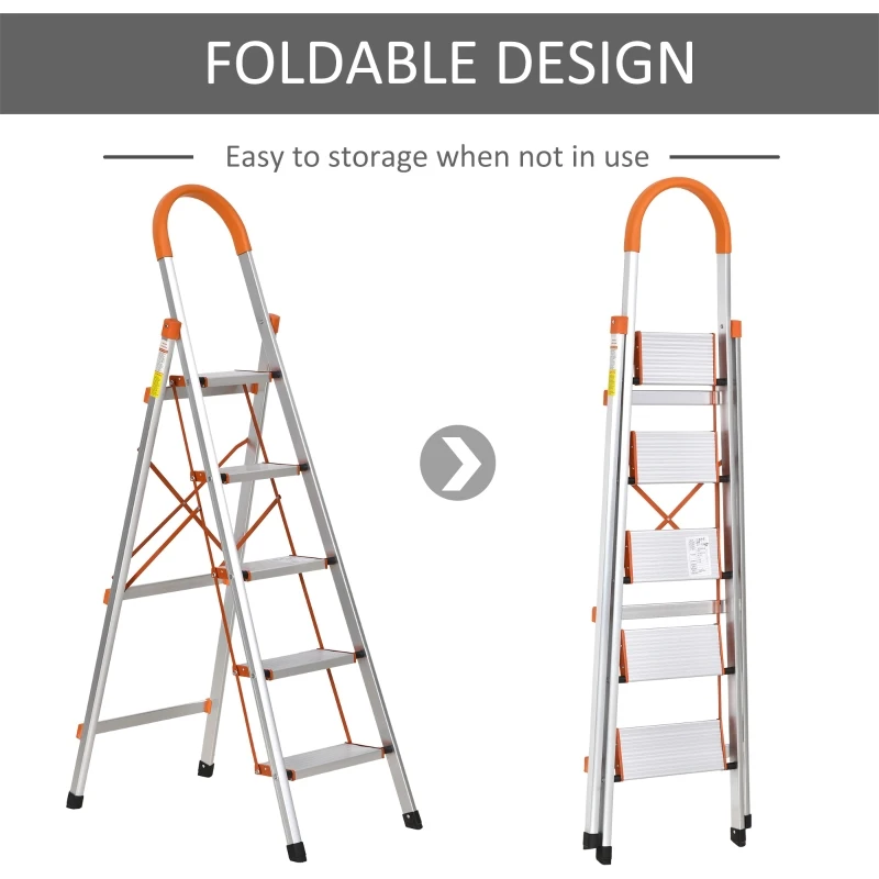 HOMCOM Foldable Aluminum Ladder Herringbone 5-Step Ladder, Non-slip Rubber Feet, Outdoor Working Household Use