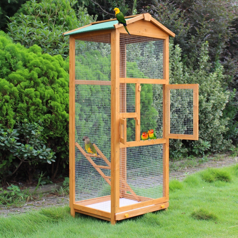 PawHut Pine Wood 2-Door Bird Cage Waterproof Parrot Cage Wood Tone