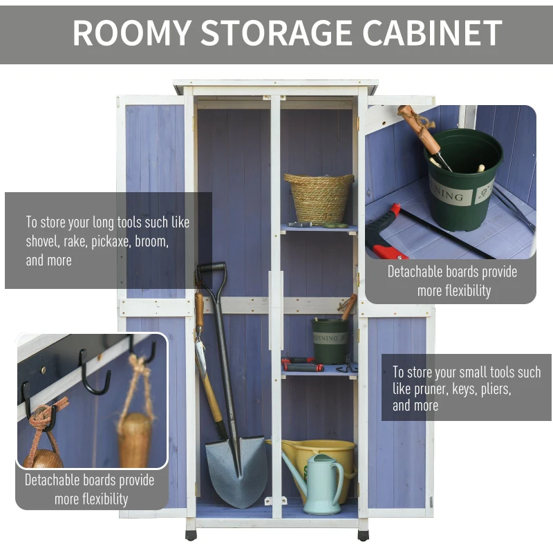 Outsunny Outdoor Garden Shed Wooden Garden Cabinet 3-Tier Double-door Storage Shed 2 Shelves Organizer with Handle Hooks Magnetic Latch Foot Pad 77 x 58 x 175cm Blue