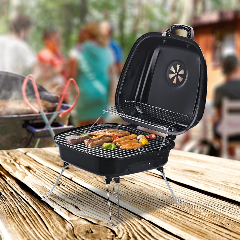 Outsunny Portable Charcoal BBQ Steel Iron Grill w/ Grid Black