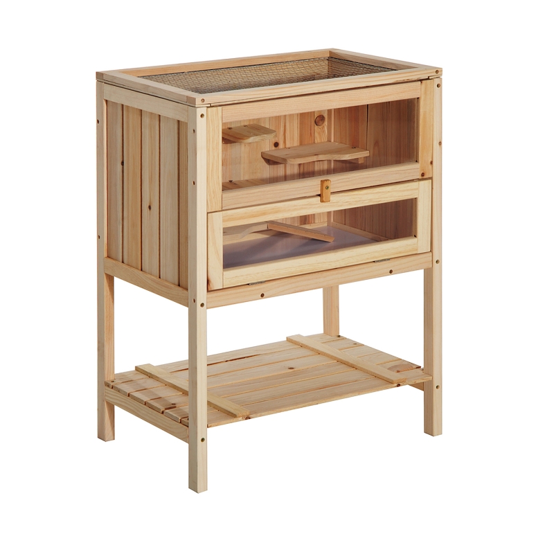 PawHut Pet Rodent Fir Wood Elevated 3-Tier Cage Wood Tone