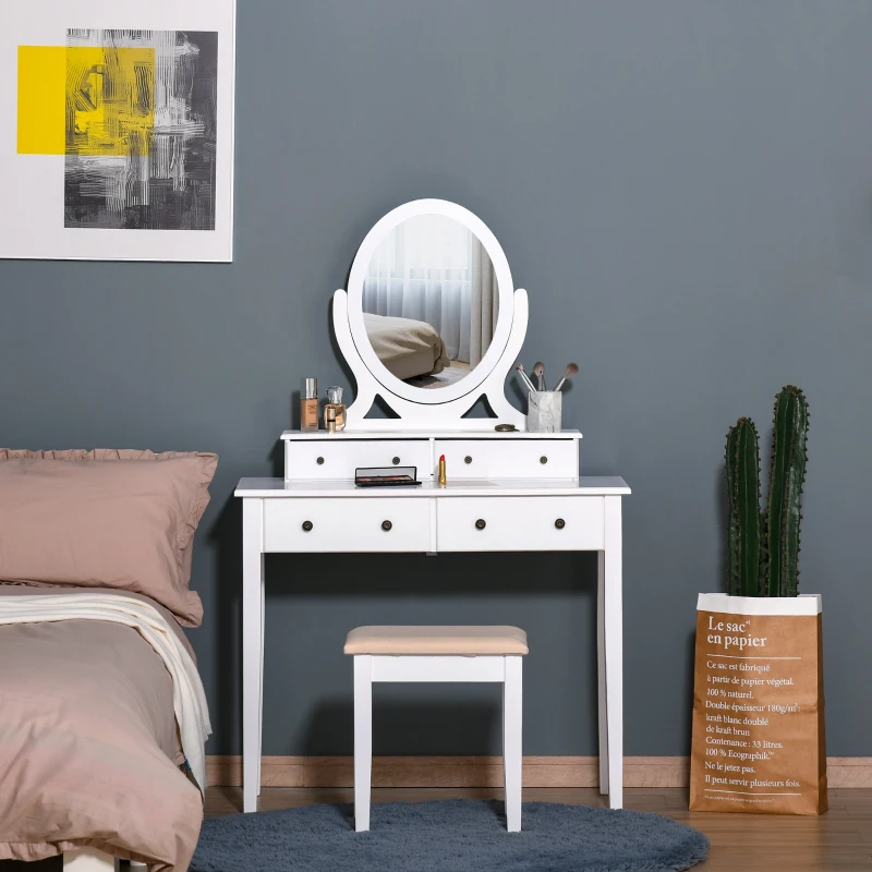 HOMCOM 4-Drawer Dressing Table & Stool Set w/ Moving Mirror Cushioned Seat Wood Legs Oval Makeup Vanity Dresser Desk White