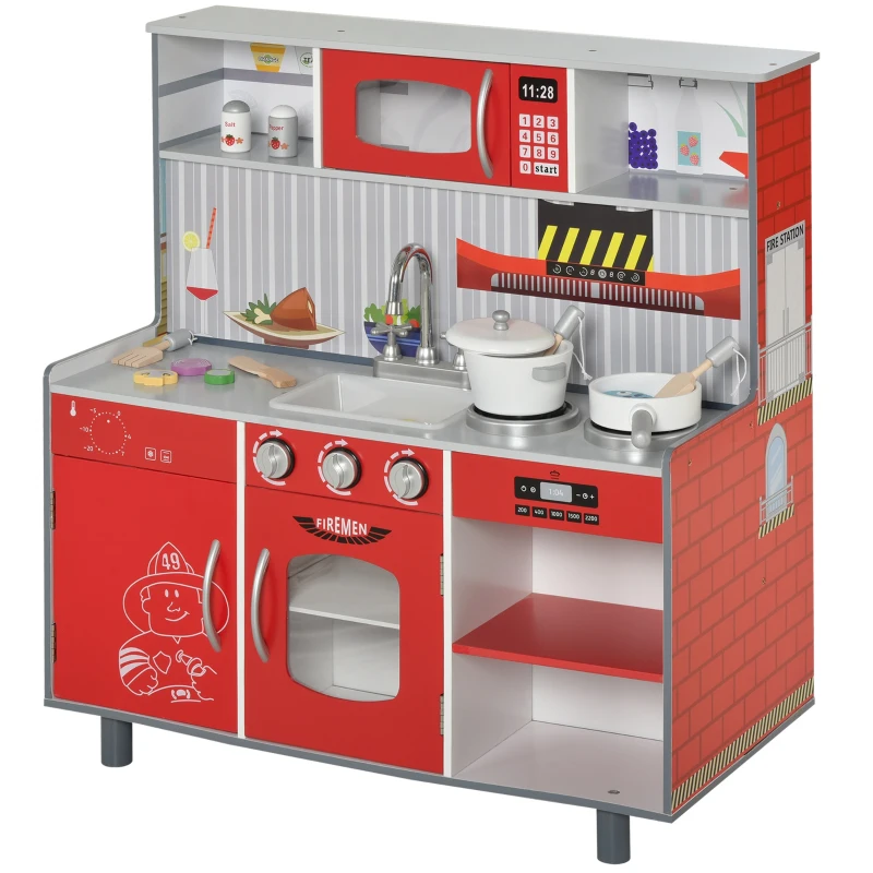 HOMCOM Wooden 2 in 1 Kids Kitchen Playset Dollshouse Multifuction Pretend Role Play Toy w/ Realistic Function Cooking Set for Girls Boys Red