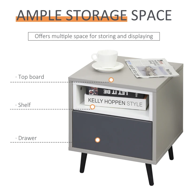 HOMCOM 2-Tier Bedside Table Storage Cabinet w/ Removable Shelf Metal Legs Drawer Versatile Storage Organiser Stand Study Bedroom Living Room