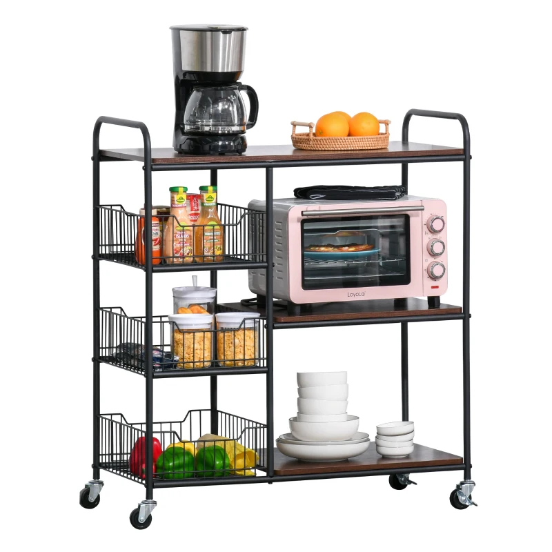 HOMCOM kichen Cart Storage Trolley Dining Serving Cart w/ Shelves Baskets Handles Wheels Home Living Room Kitchen Brown Black