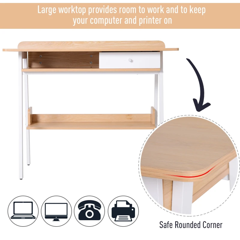HOMCOM Metal Frame Computer Desk Office Workstation  w/Drawer Shelf White