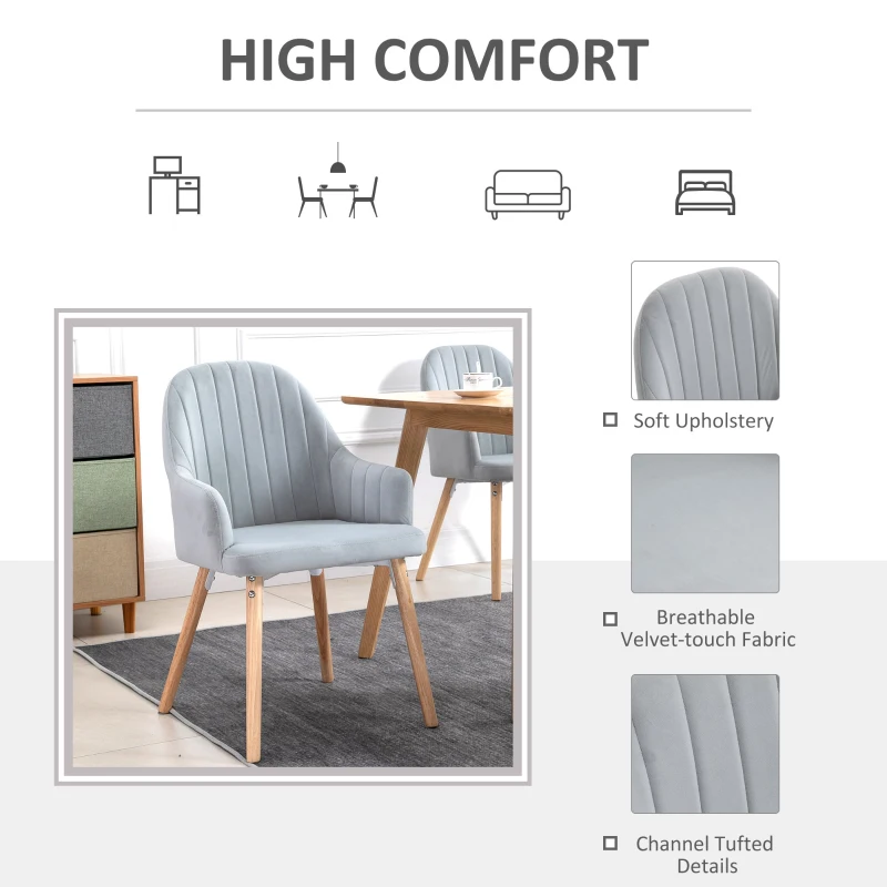 HOMCOM Faux Velvet Upholstered Twin-Pair Dining Chairs Grey